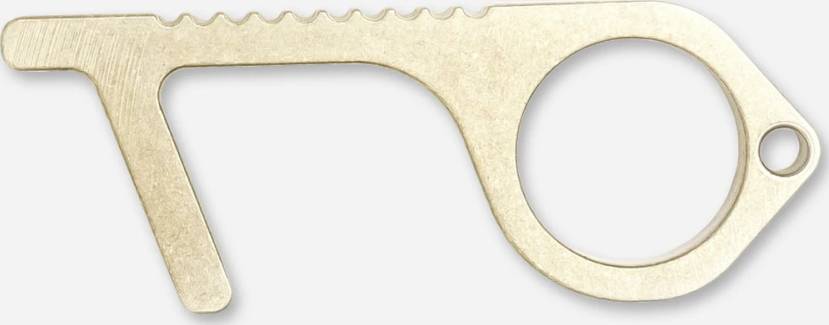 Metal key-shaped hook with a grip hole, commonly used to avoid contact with surfaces. Ideal for hygienic purposes.