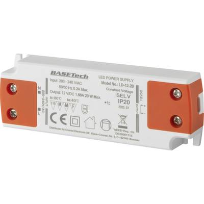 Power supply, model LD-12-20 by Basetech. Inputs: 200-240V~; Outputs: 12VDC, 1.86A Max. Constant voltage, protection class IP20.