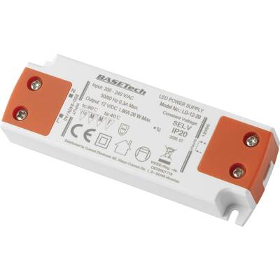 LED Power Supply with orange ends. Label reads: 'Input: 200-240 VAC', 'Output: 12 VDC, 1.6A max'. Safety and manufacturer symbols.