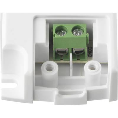 Close-up of a white housing with a green clip for electrical connections, two visible screws for fastening.
