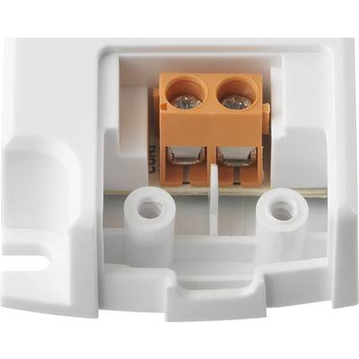 White electrical connector block with an orange terminal block and two insertion holes, used for securely connecting cables.