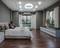 A contemporary bedroom with wooden flooring. A large bed with white sheets stands on the left, with bedside tables beside it. Large windows with curtains provide daylight. A low sideboard is positioned on the right.