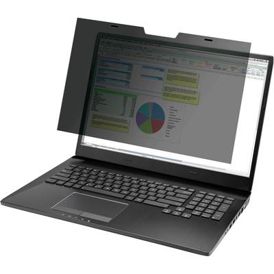 A laptop opened up with a screen filter displaying statistics and a pie chart on the screen.