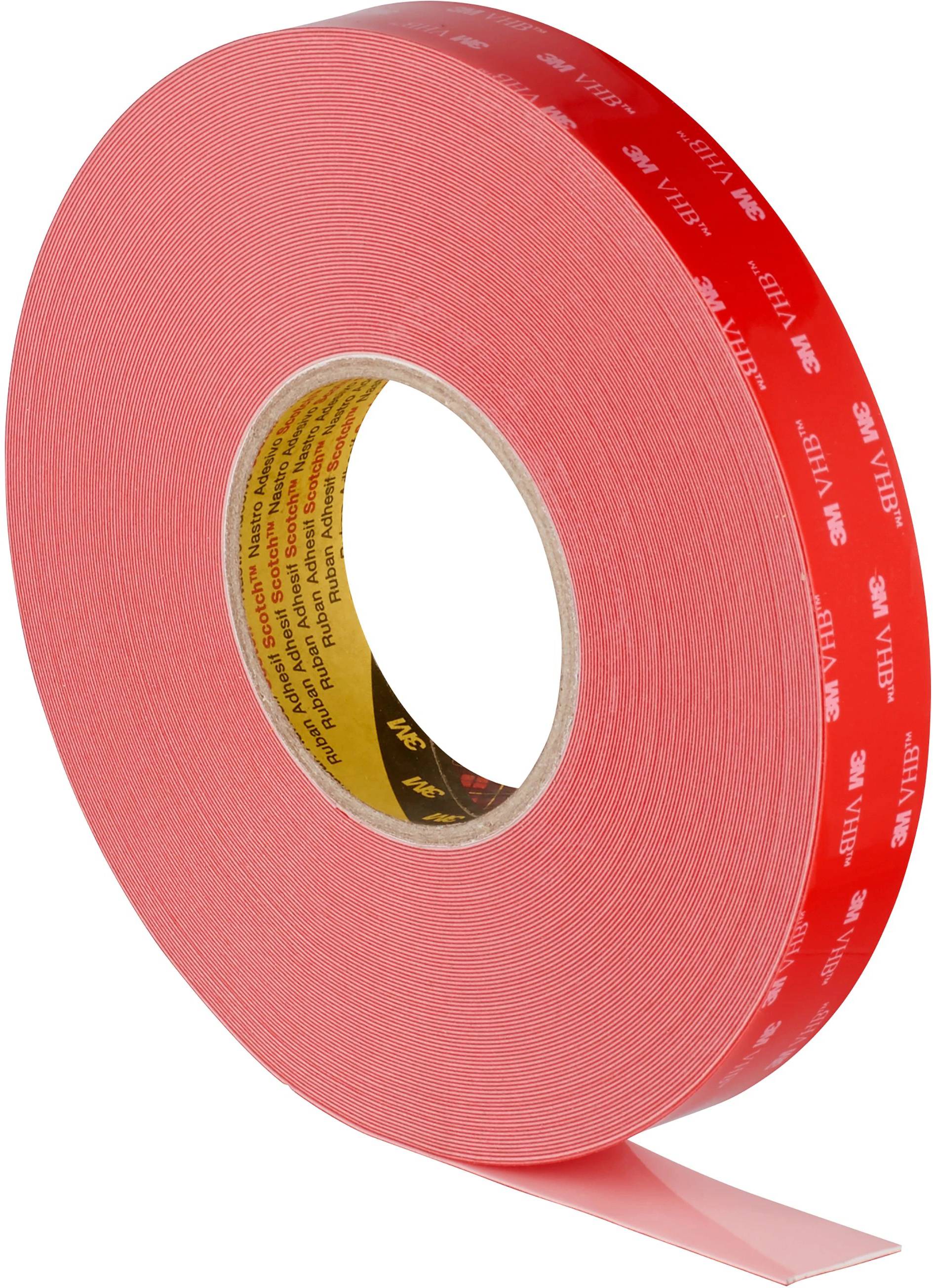 Roll of red double-sided adhesive tape with visible brand name and some tape unrolled.