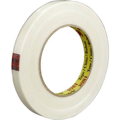 A transparent adhesive tape on a roll with a red label and yellow lettering.