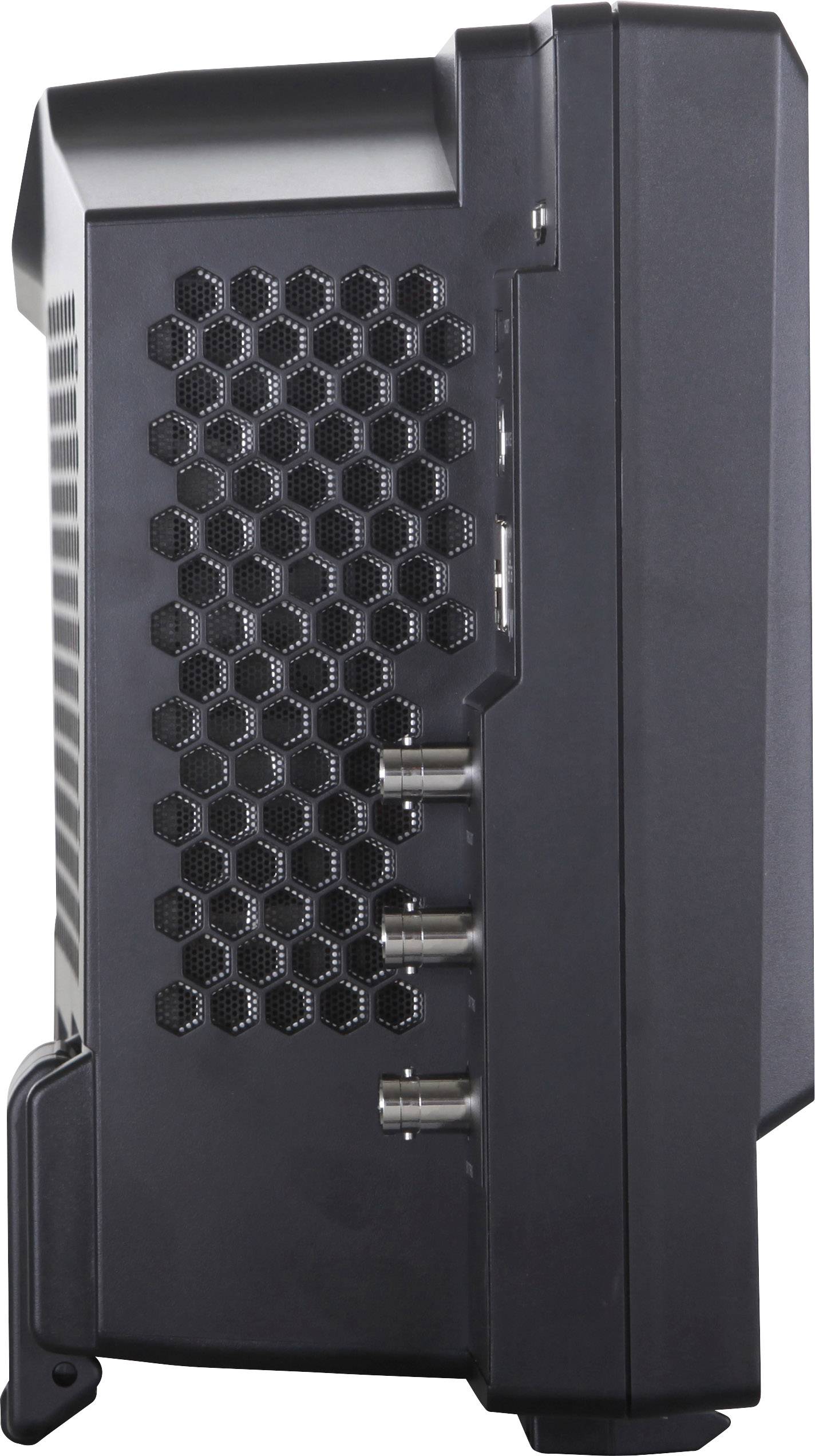 A black computer case with side ventilation slots and multiple ports on the side.