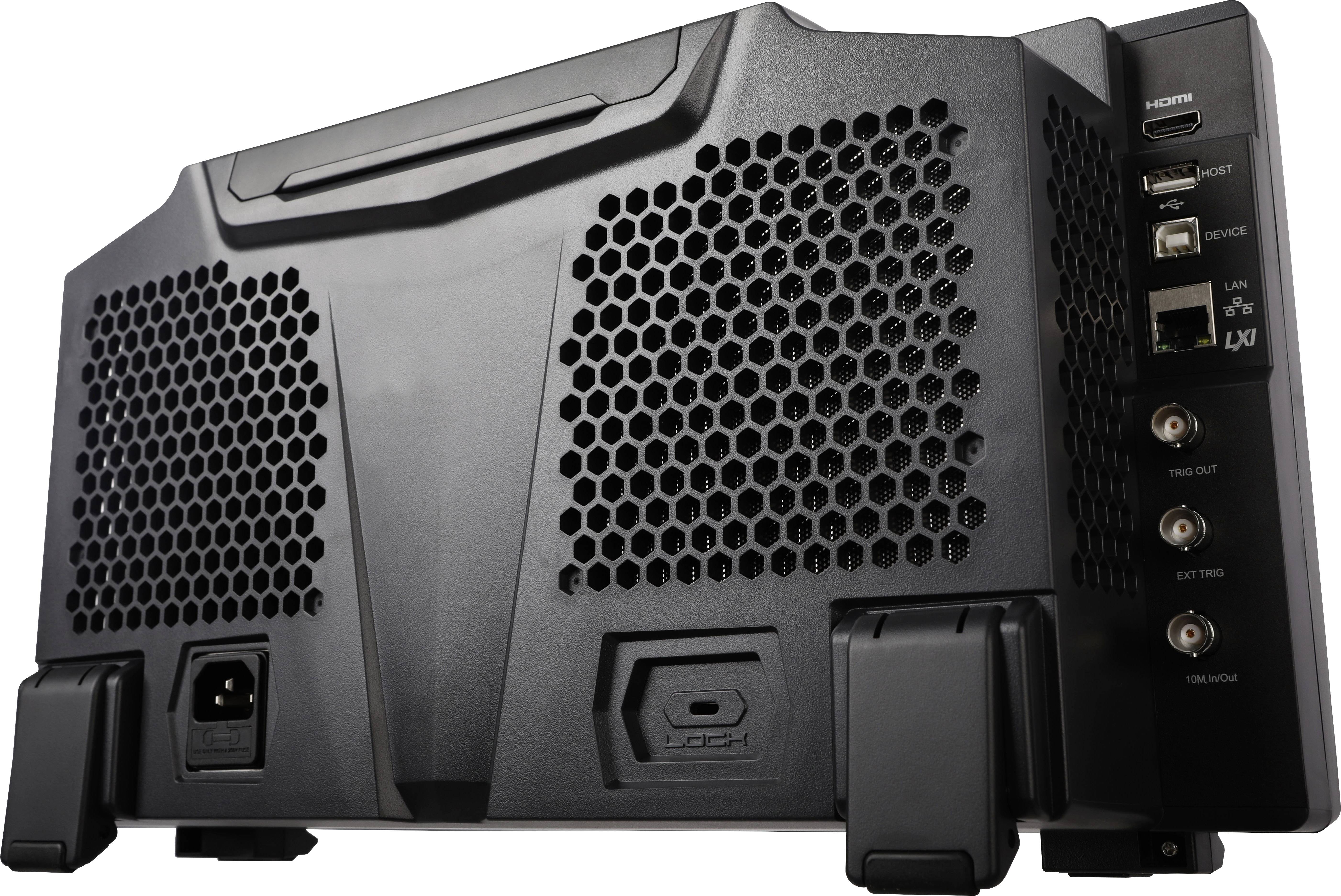 A black electronic device with ventilation slots and multiple ports, including HDMI, USB, and LAN.