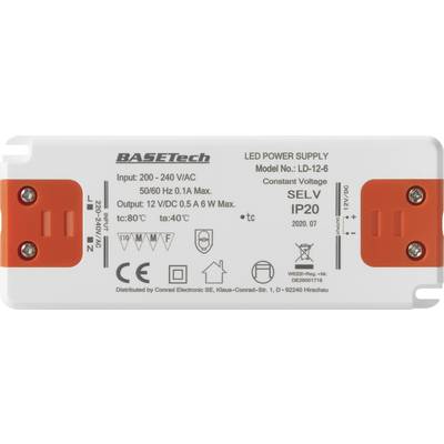 'BASETch LED Power Supply Model LD-12-6', Input: 200-240 V, Output: 12 V, Protection Class: SELV IP20, produced by 'LED Manufacturer'.