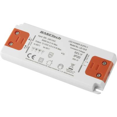 LED Power Supply, Model Number LD-12-6 by BASETech, Input 200-240 V AC, Output 12 V DC, 0.5 A, IP20, constant.