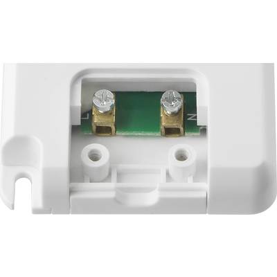 Close-up of an electrical terminal block with two screws on a green circuit board. Plastic guides are located on the left and right sides.