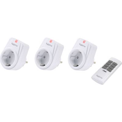 Three white radio-controlled sockets and a remote control by 'supantrix' for wireless control of electrical devices.