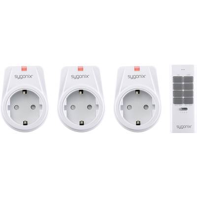 Three white Sygonix radio-controlled socket plugs with remote control, featuring red indicator lights and switching buttons for on/off function.
