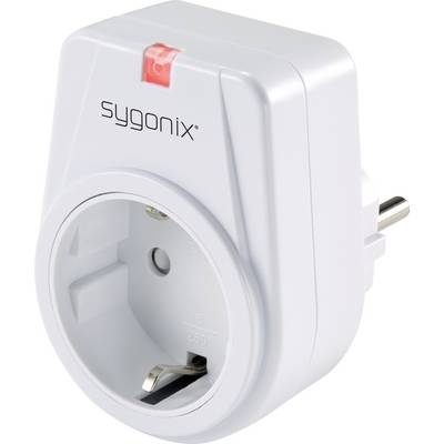 Electronic timer switch in white with a round socket and red indicator light on top. 'Sygonix' brand visible.
