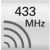 Black background with white dots and digits '433 MHz', alongside stylised radio wave lines running down to the bottom left.