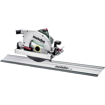 Metabo circular saw on guide rail, suitable for precise cuts in wood and other materials.