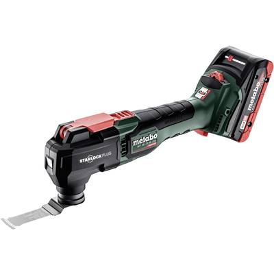 A green, cordless multi-tool by Metabo with battery and attachment, suitable for versatile cutting and grinding tasks.