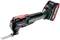 A green, cordless multi-tool by Metabo with battery and attachment, suitable for versatile cutting and grinding tasks.
