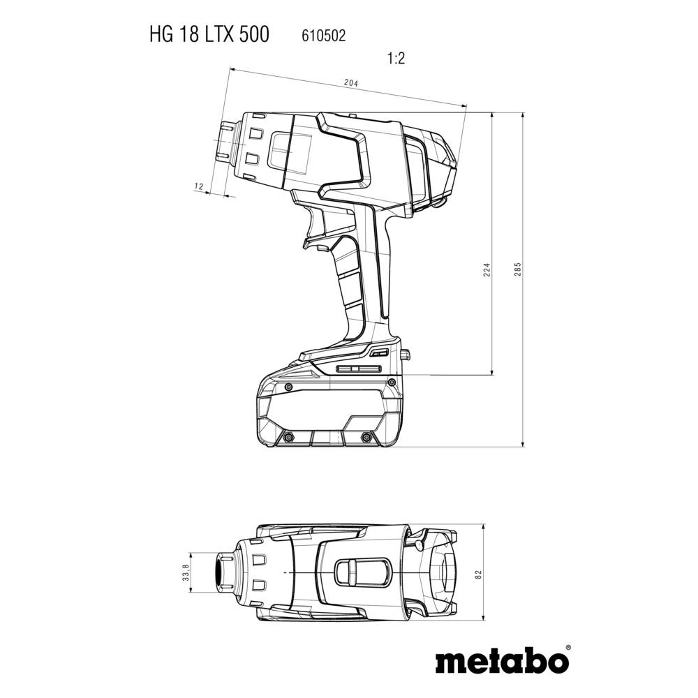 'Technical drawing of a Metabo HG 18 LTX 500 tool from two angles with dimensions in millimeters, scale 1:2.'