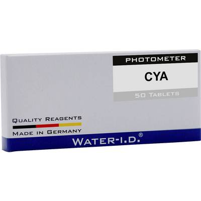 Packaging with inscription 'Photometer CYA, 50 Tablets'. Brand name 'Water-I.D.'. Manufactured in Germany.