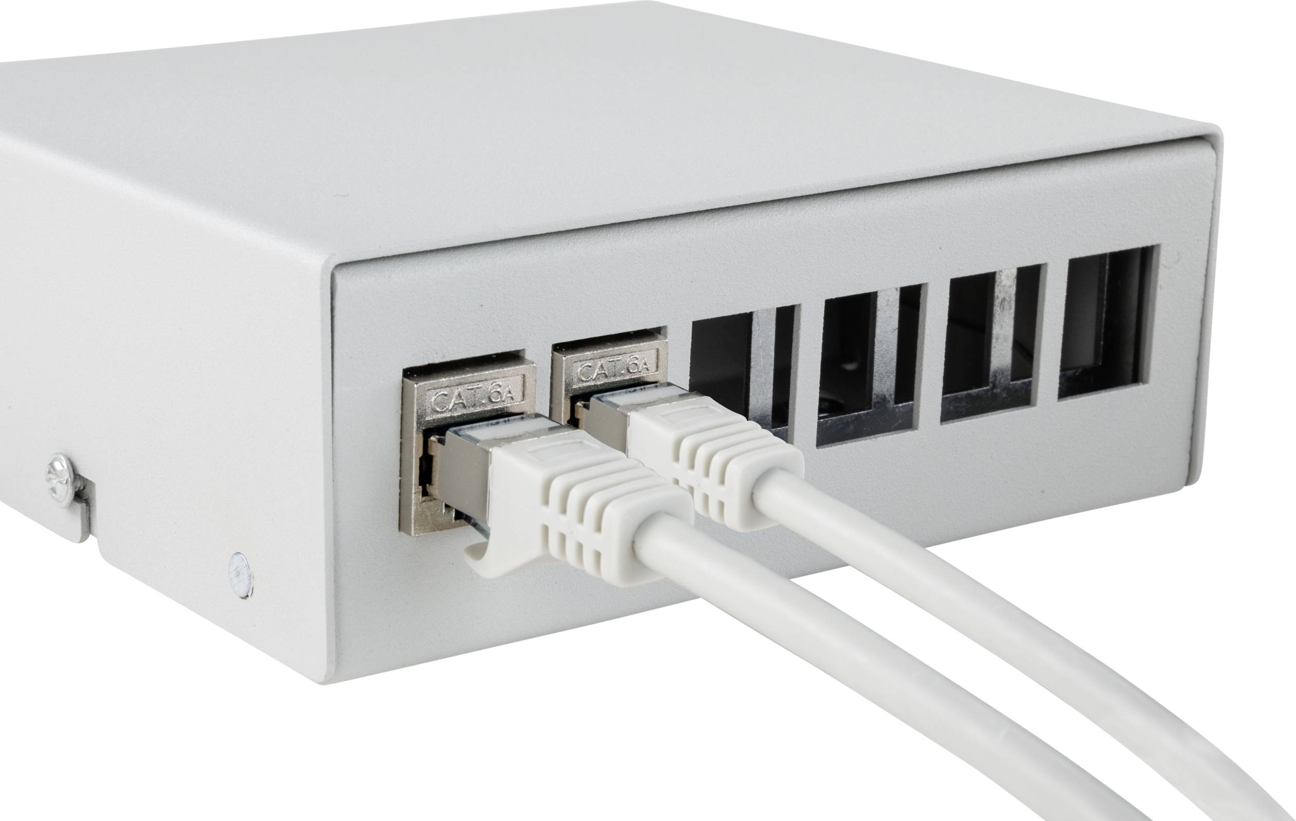 A grey Ethernet network device with two connected LAN cables and several free ports shows a network connection.