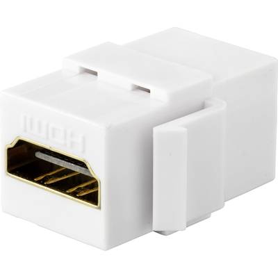 A white HDMI coupler with gold-plated connectors, enabling the connection of two HDMI cables for signal transmission.
