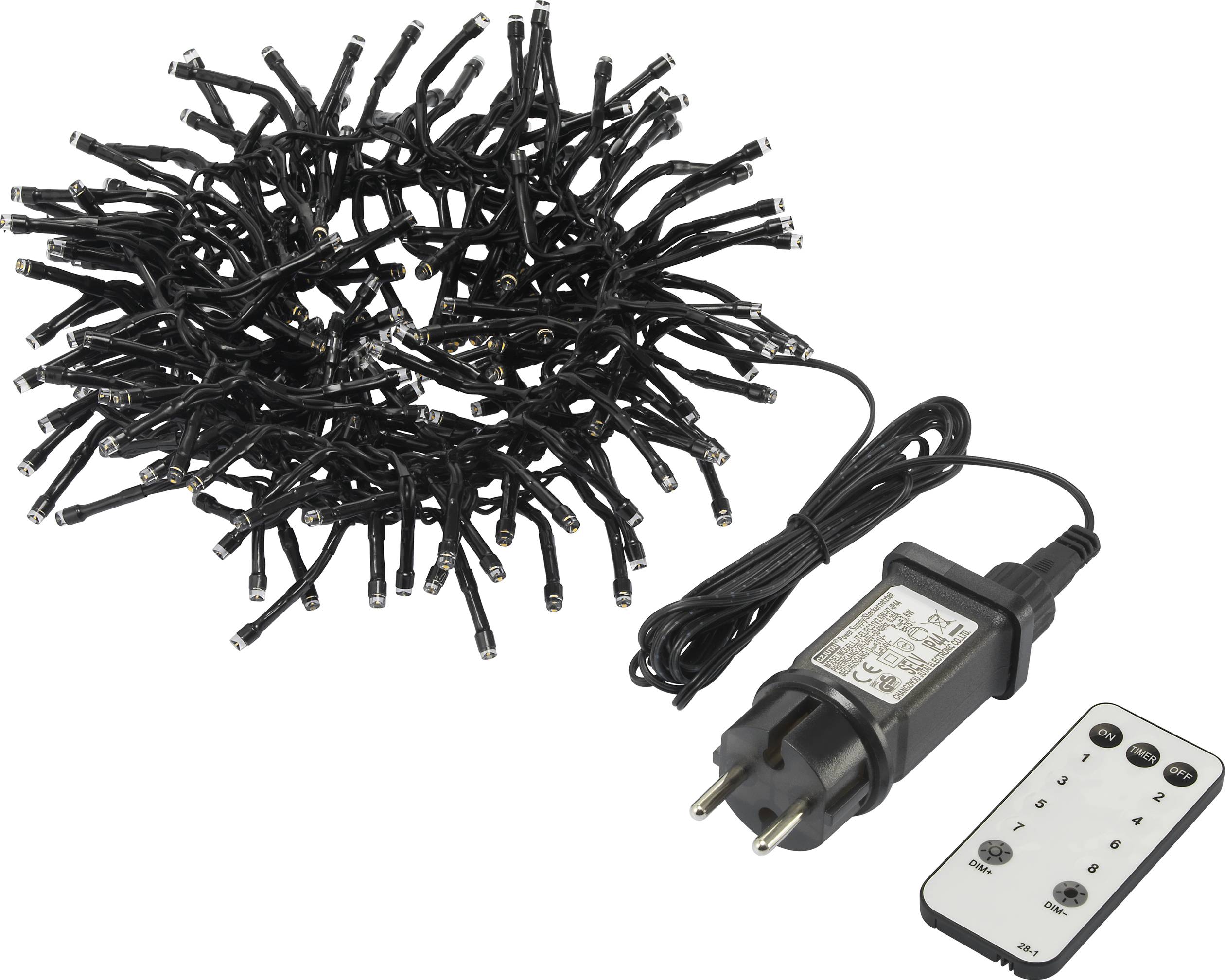 A bundle of black LED fairy lights with a mains plug and remote control. Perfect for decorating and illuminating interior spaces.