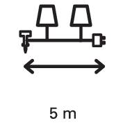 5 m distance between two light fittings and a wall switch. Icons for power sockets and drill at the ends.