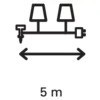 5 m distance between two light fittings and a wall switch. Icons for power sockets and drill at the ends.