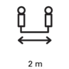 Two stylised figures stand on a black background with a double-headed arrow between them indicating a distance of 2 metres.