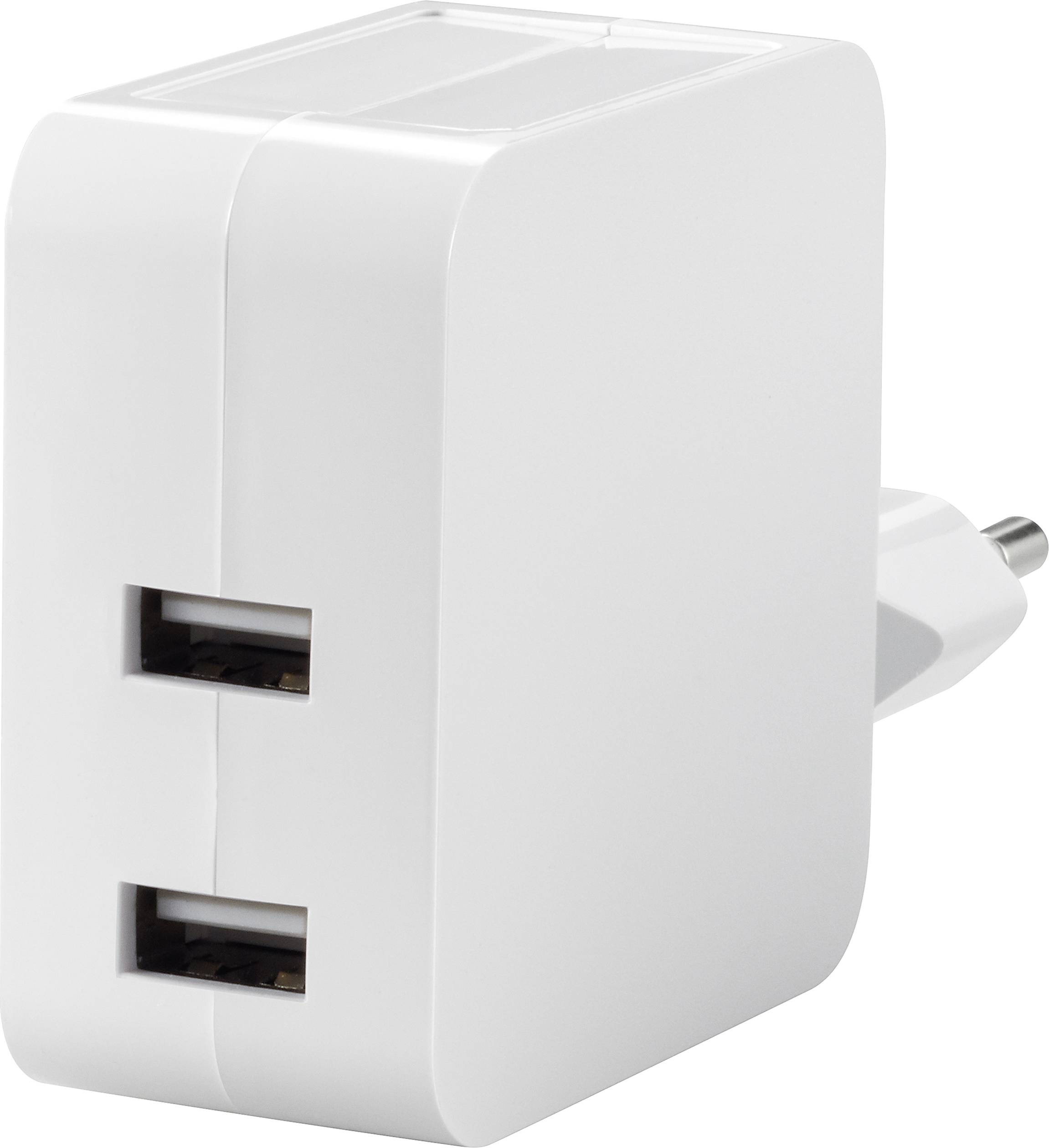 A white charger with two USB ports and a European-style plug for power supply.