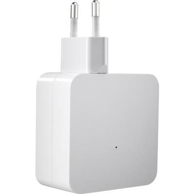 A white USB charger with a European plug. It has a rectangular shape and two round pins for the socket.