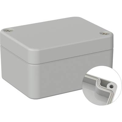 Grey housing with a rectangular shape, two visible screws on the lid. Circular inset shows the internal sealing profile.