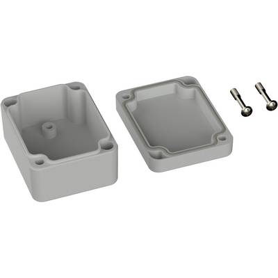 Grey, rectangular plastic enclosure in two parts with two screws. Suitable for storing or protecting electronic components.