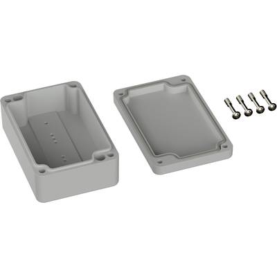 Plastic enclosure, consisting of two parts. Four screws located beside it. Suitable for mounting electronic components.
