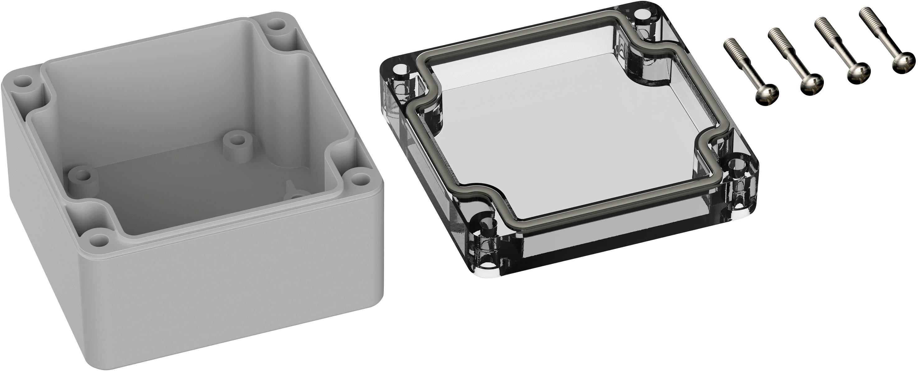 A grey, rectangular junction box with a removable transparent lid and four screws for secure mounting.