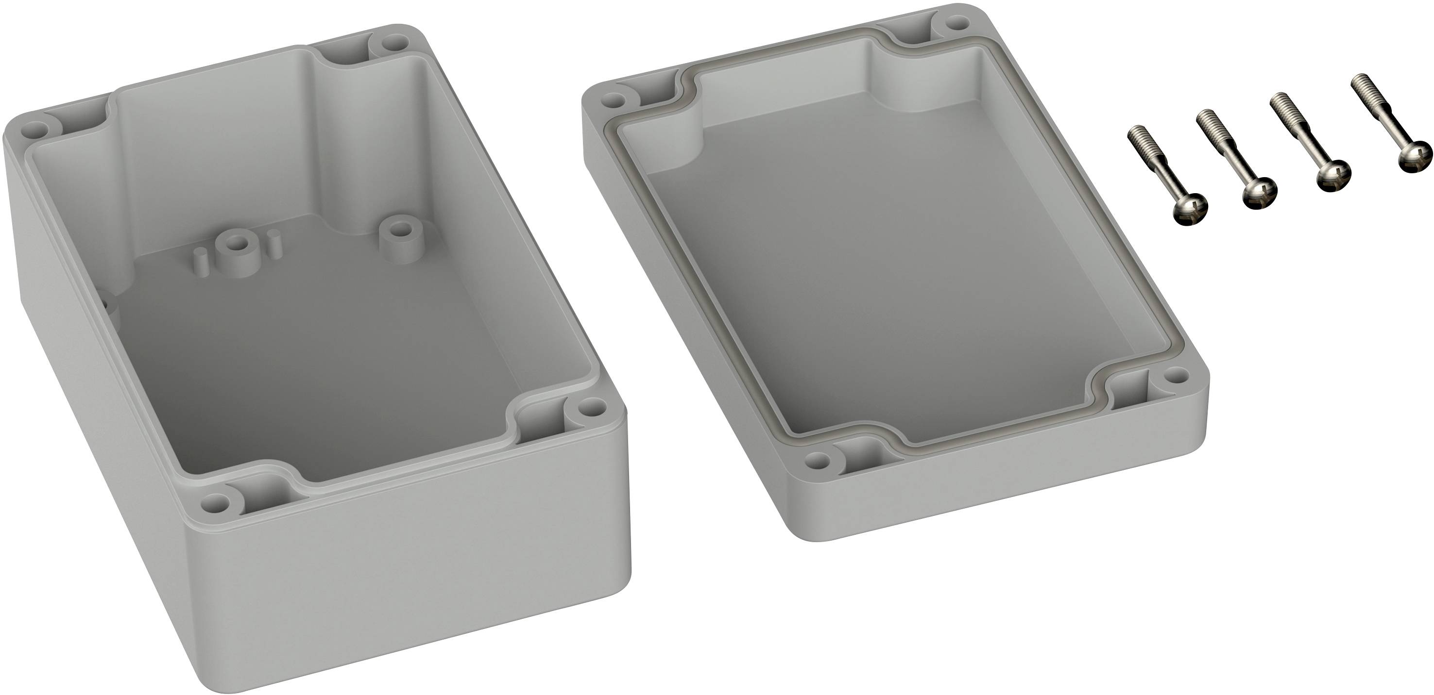 Two grey rectangular housing components, opened, with four screws lying beside them.