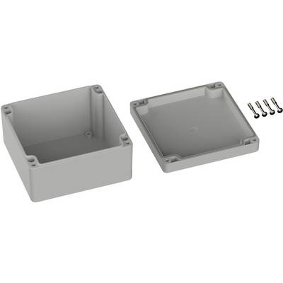 Grey plastic enclosure with removable cover and four screws, suitable for housing electronic components.