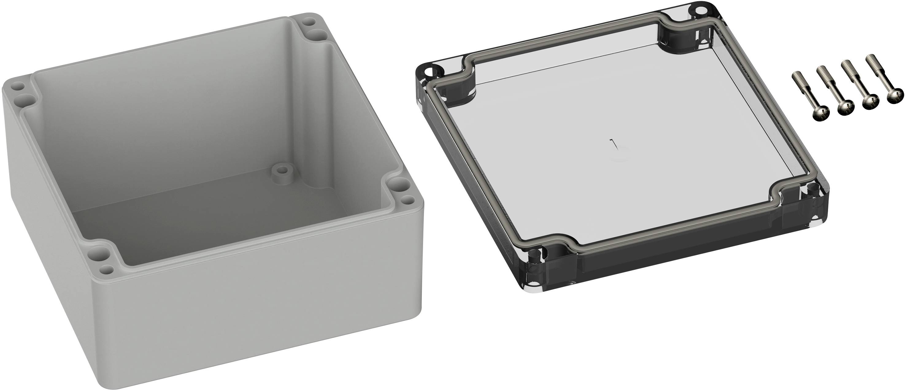 A rectangular, grey enclosure with a removed, transparent lid and four screws beside it.