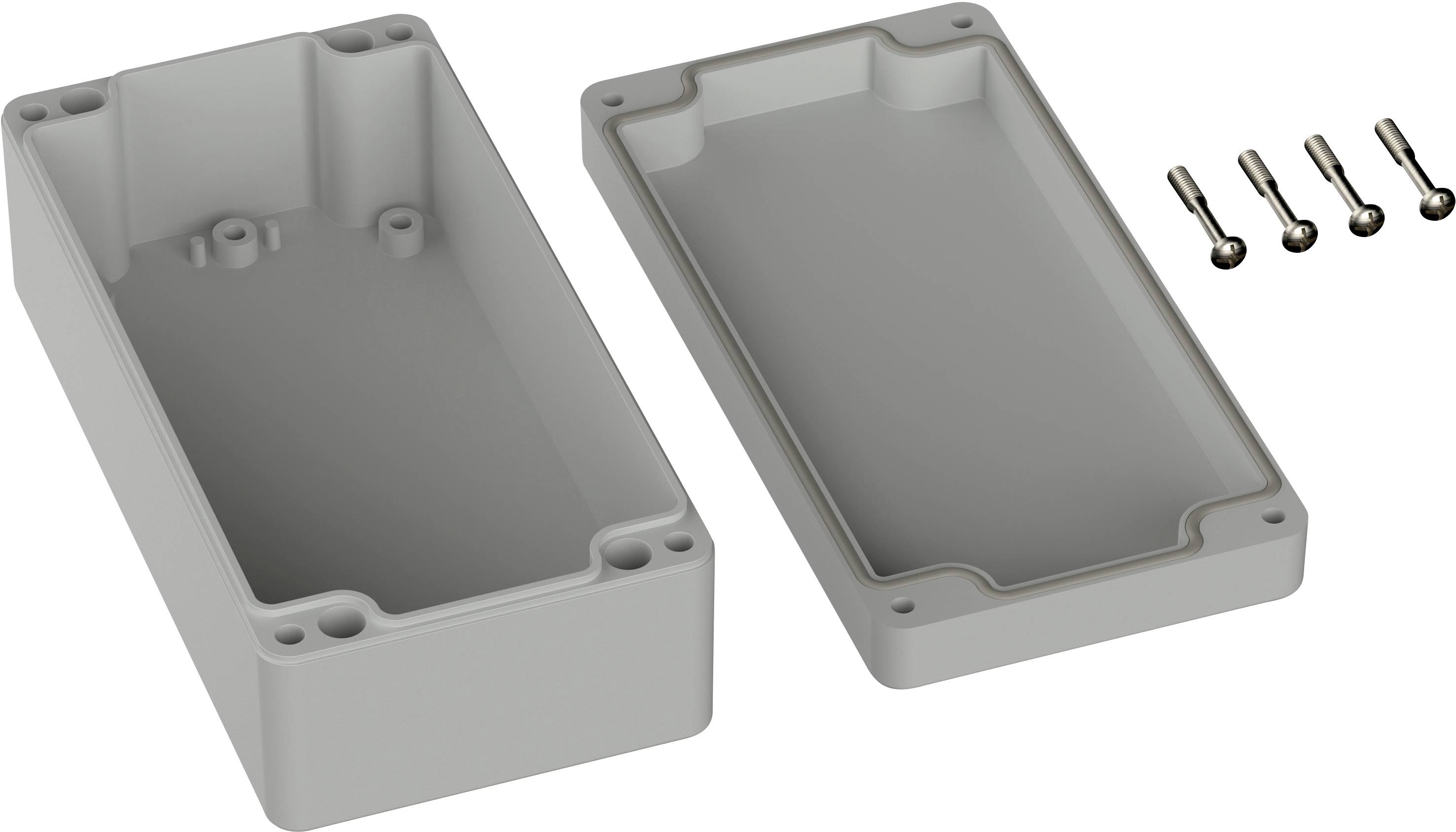 Plastic enclosure, rectangular, shown in two parts; 4 mounting screws. Suitable for electronic projects or prototypes.