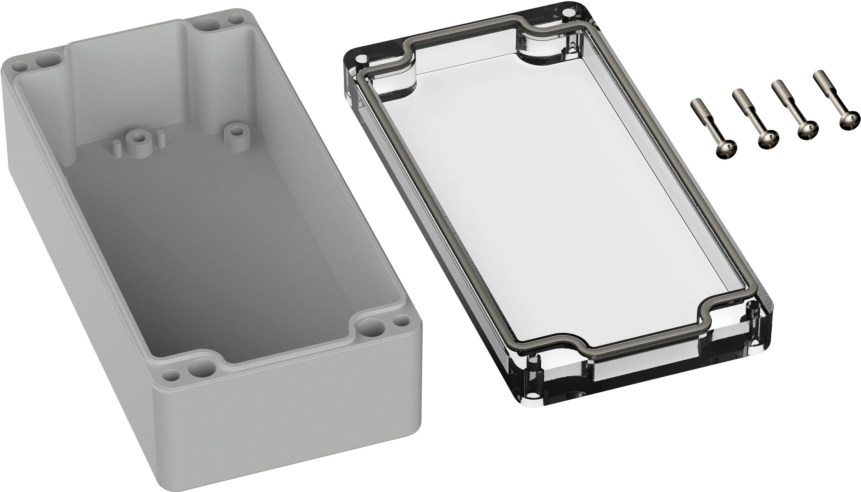 Plastic enclosure with a removable, transparent lid and four screws. Suitable for electronic module assembly.