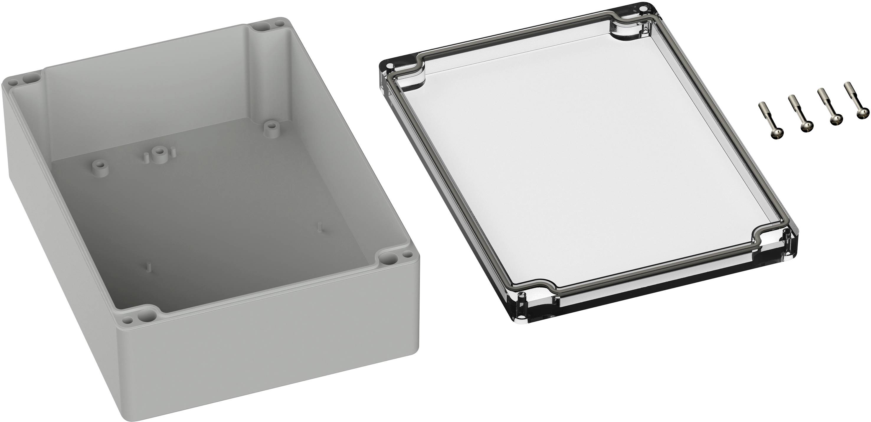 Grey plastic enclosure with a removable, transparent lid and four screws, for mounting electrical components.