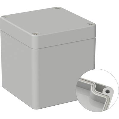Grey, square casing with a removable lid and four screws at the corners. Inset detail shows a corner.