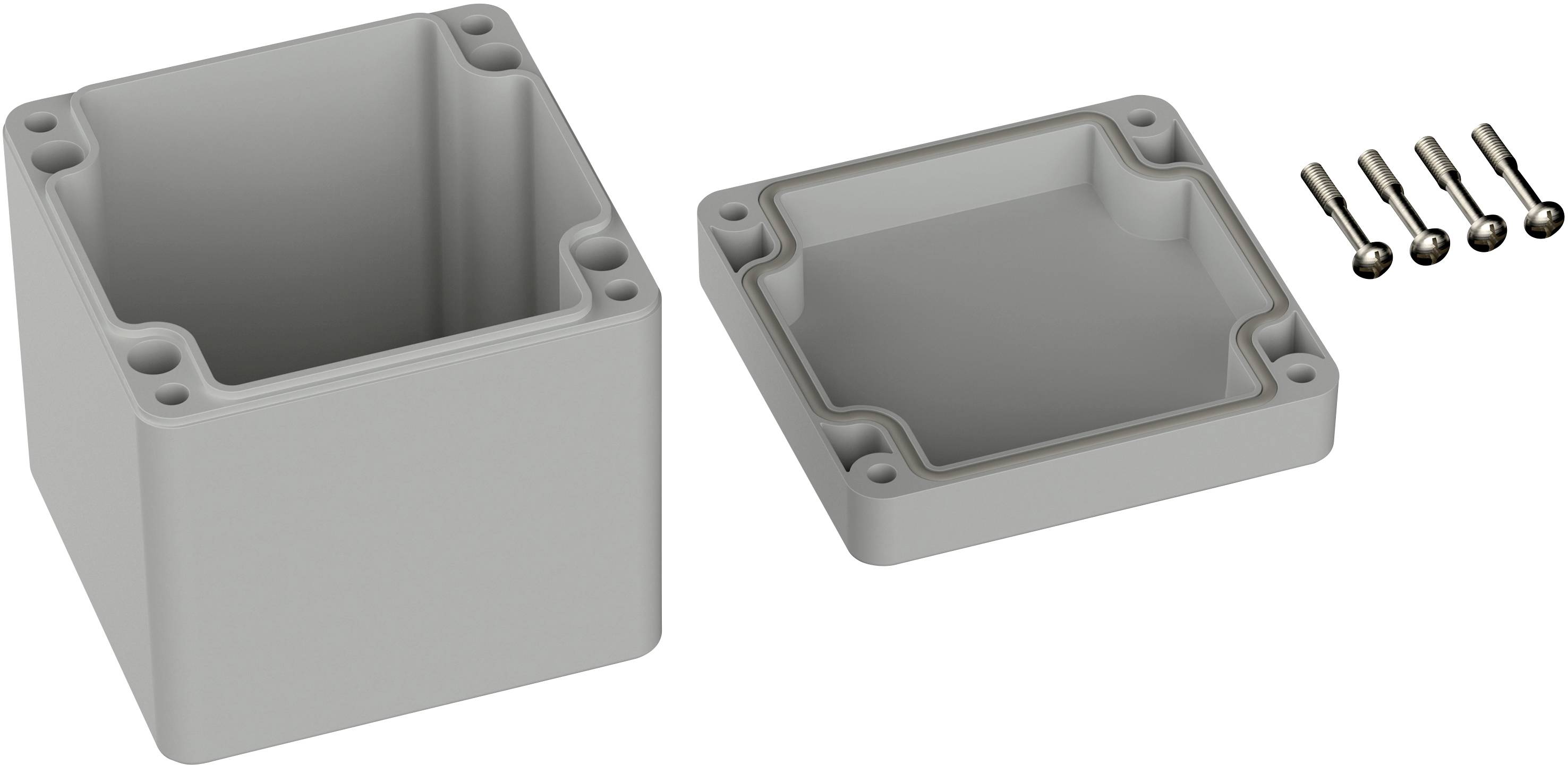 Grey, square electronic enclosure with an open lid and four mounting screws. Enclosure for storing or protecting components.