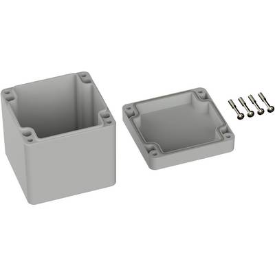 Grey, square electronic enclosure with an open lid and four mounting screws. Enclosure for storing or protecting components.