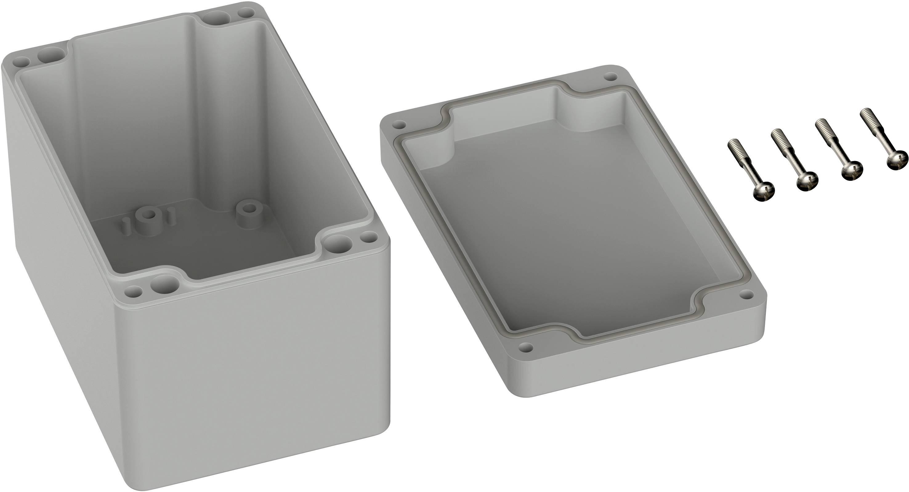 Grey plastic enclosure with removable lid and four mounting screws, suitable for electronic components.