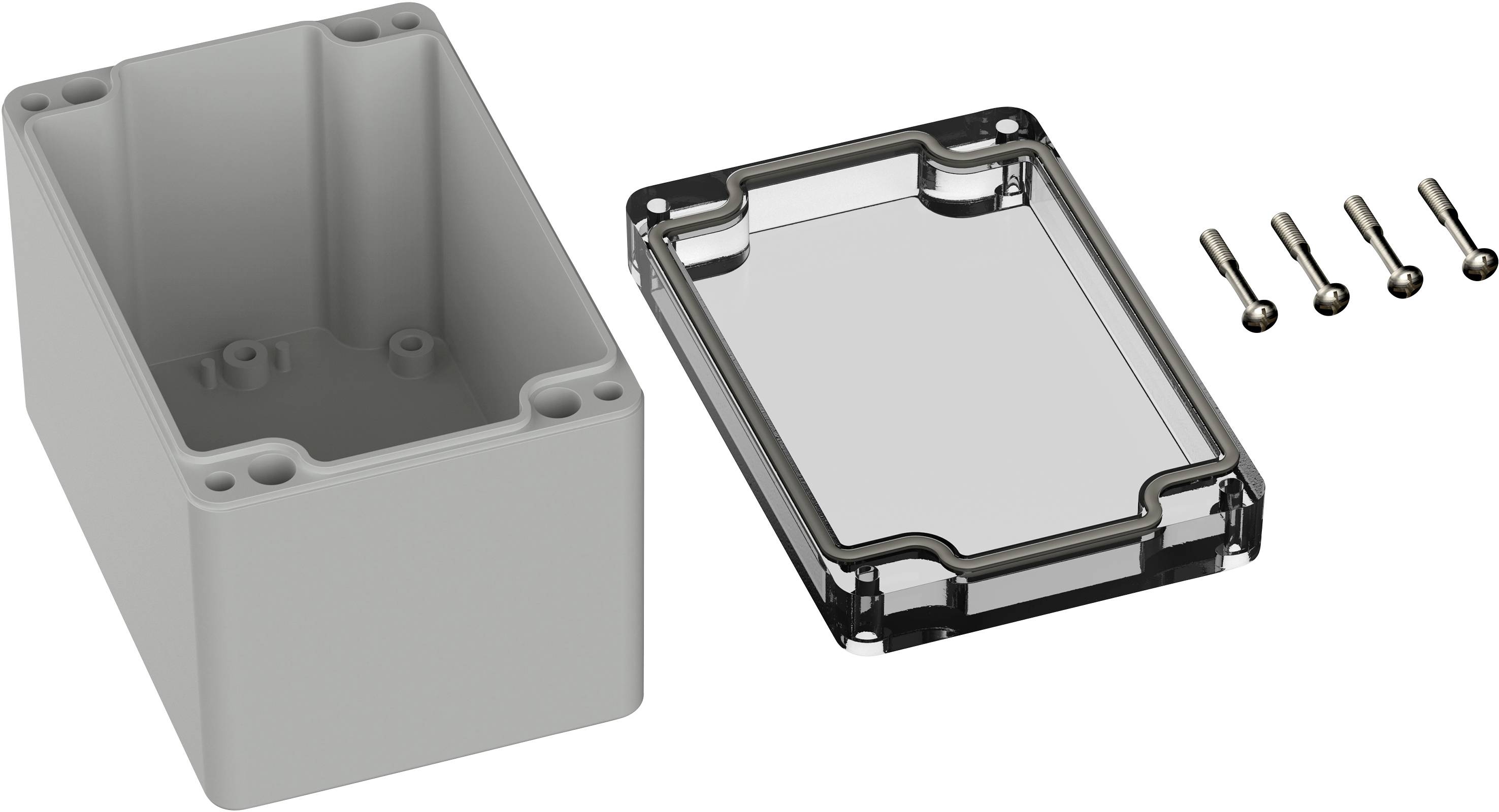 Housing without a lid, with a transparent rectangular lid beside it and four screws. For use in electronic projects.