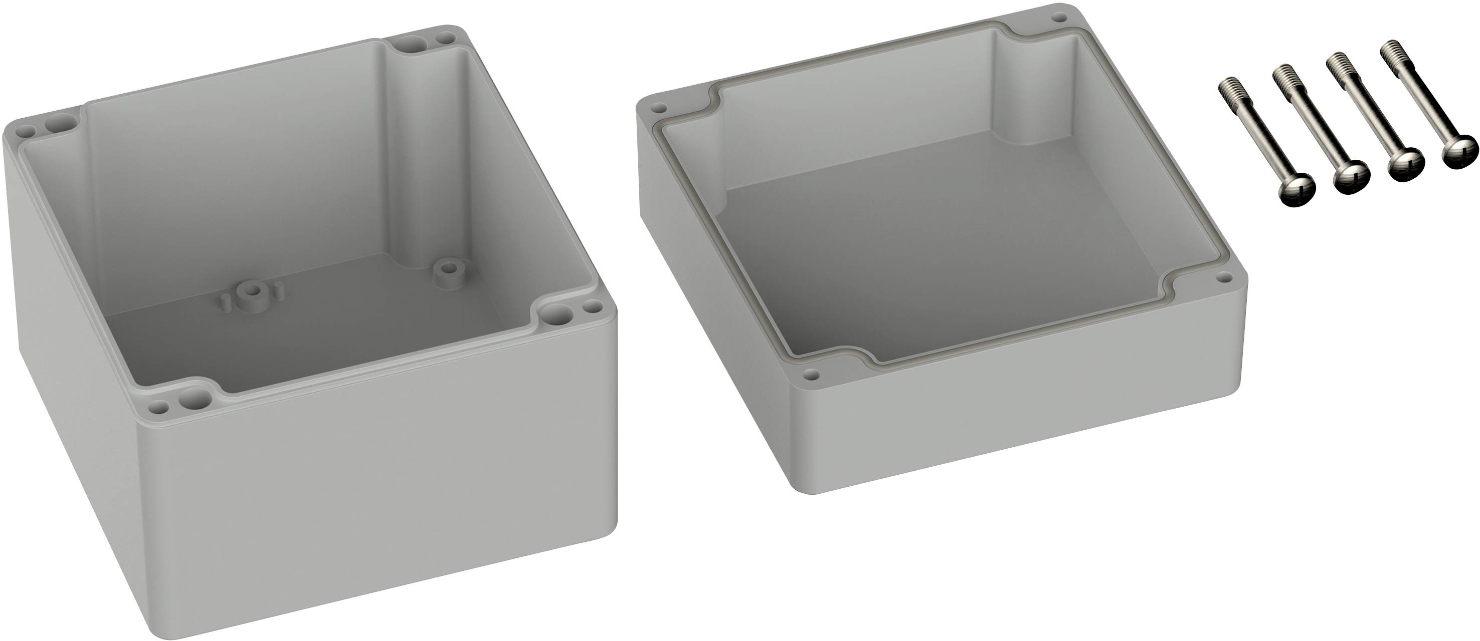 Two grey rectangular plastic enclosure halves side by side, five screws beside them, designed for protecting electronic components.