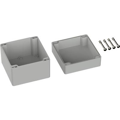 Two grey rectangular plastic enclosure halves side by side, five screws beside them, designed for protecting electronic components.