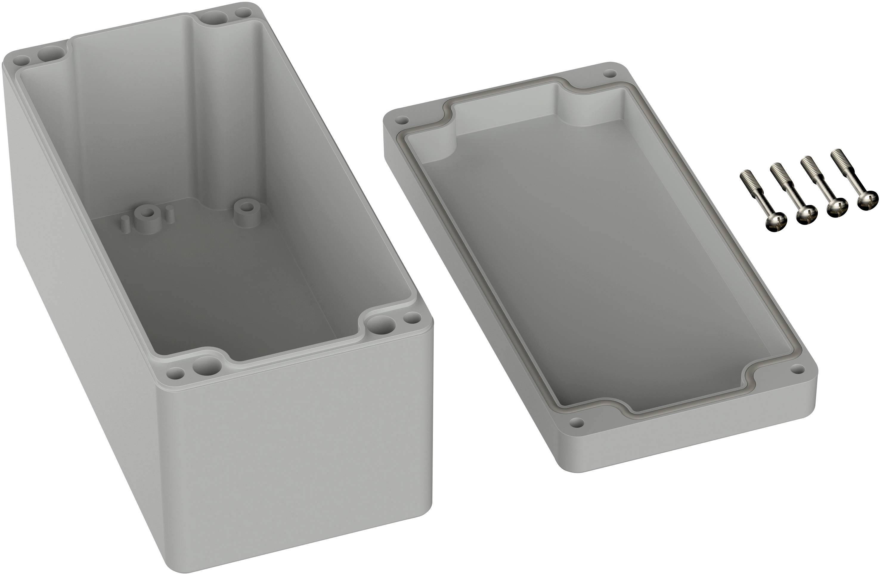 Rectangular enclosure with a removable cover and four screws shown. Suitable for electronic projects or assemblies.
