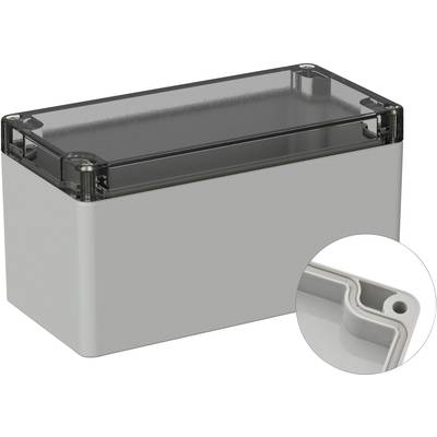 Grey-translucent casing with black screws, recessed lid, detailed view shows precise edges and rounded corners.